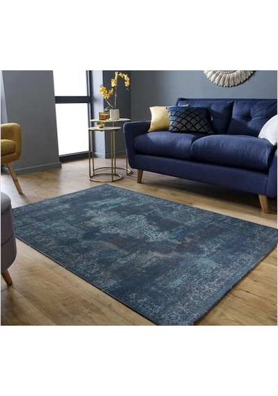 Blues Şönil Vintage Desenli Dokuma Taban Dekoratif Halı Kilim Yolluk Dijital Baskı Halı Yıkanabilir