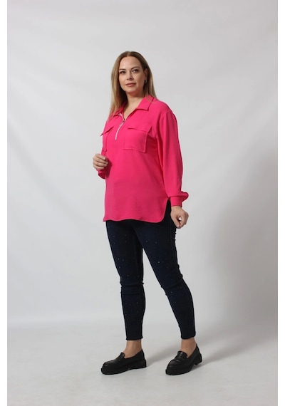 Moda Berray 3055 Yaka Fermuarlı Yandan Yırtmaçlı Gömlek Pembe