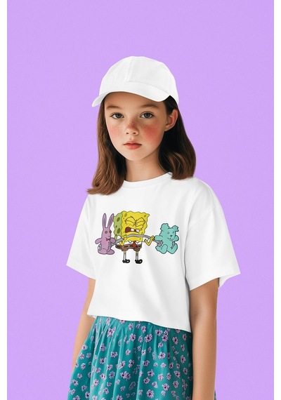 Sevbano Unisex Sporcu Süngerbob Baskılı Çizgi Film Çocuk Tişört 1-12 Yaş Beyaz