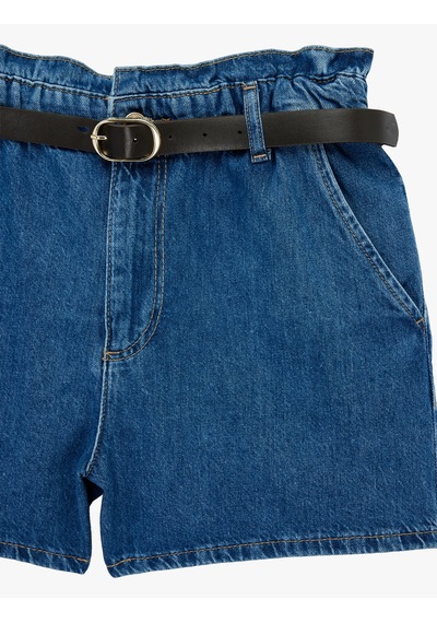 Koton Yüksek Bel Cepli Pamuklu Kemerli Denim Şort Orta İndigo 6sal40038md