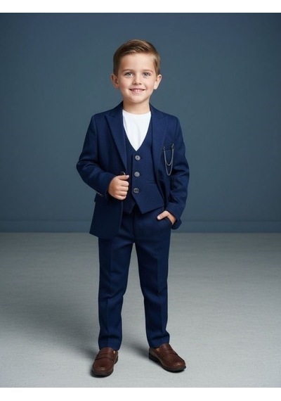Zekids Erkek Çocuk Slim Fit 3 Lü Takım Elbise Ceket + Yelek + Pantolon -10333 Lacivert