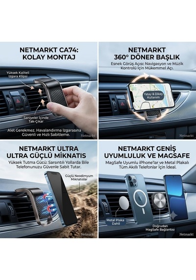 Izgara Klipsli Manyetik Araç Telefon Tutucu 360 Dönebilen Güçlü Mıknatıslı Magsfe Uyumlu Havalandırma Tipi Araç İçi Telefon Sabitleyici Siyah Karbon/gümüş 2 Mixed