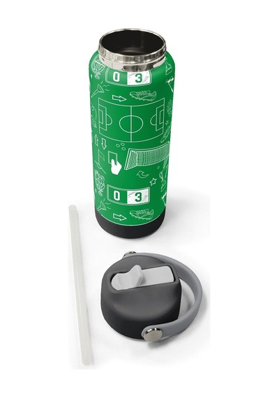 650 Ml Erkek Çocuk Yeşil Futbol Baskılı Çelik Suluk/matara Pipetli 38329