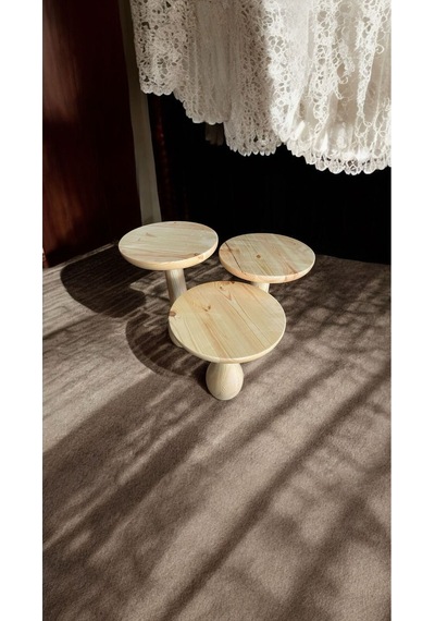 Wood Ahşap 3 Lü Set Fitilli Mantar Yan Sehpa Konik Model / Naturel Renk / Zigon Sehpa Vernikli Naturel