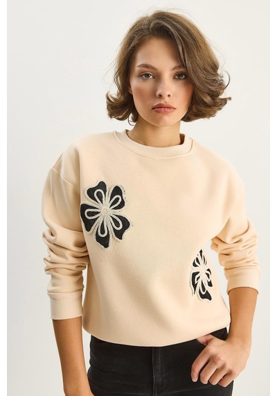 Shade Kadın Bisiklet Yaka Çiçek Nakışlı Üç İplik Şardonlu Sweatshirt 60601045 - Bej