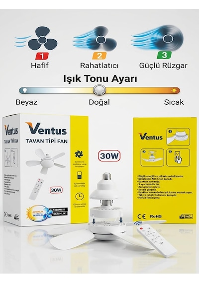 Ventus Sessiz Çalışma 5 Fan Kanat Ve Işıklı Uzaktan Kumandalı Tavan Tipi Vantilatör