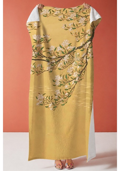 Çiçekli Sarı Floral Plaj Havlusu - Bohem Bahar Dallı Modern Tasarım Hızlı Kuruyan Mikrofiber Havlu Pastel Tozu