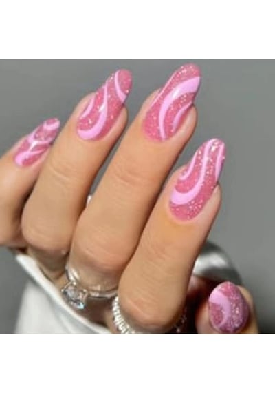 Simli Pembe Badem Takma Tırnak Seti 24 Adet