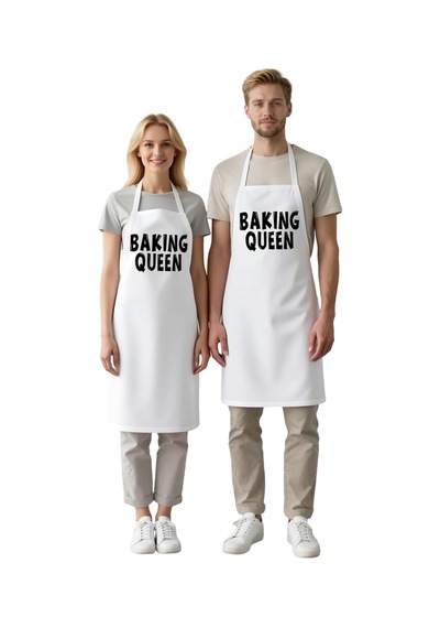 Kadın Unisex Mutfak Aşçı Önlüğü Baskılı Boyundan Bağlamalı Rahat Beyaz