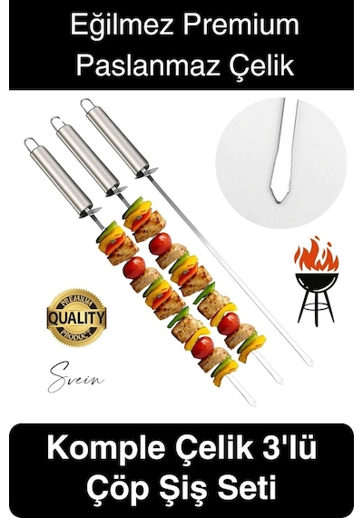 3 Adet 40 Cm Premium Paslanmaz Çelik Saplı Izgara Şişleri Et Tavuk Barbekü Kebap Mangal Adana Urfa