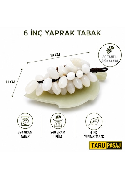 Doğal Oniks Taş Yaprak Tabak & 30 Taneli Üzüm Salkımı Feng Shui Dekor Objesi Beyaz