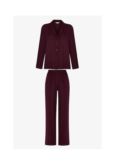 Penti Bordo Maroon Saten Çizgili Uzun Kollu Gömlek Pantolon Pijama Takımı