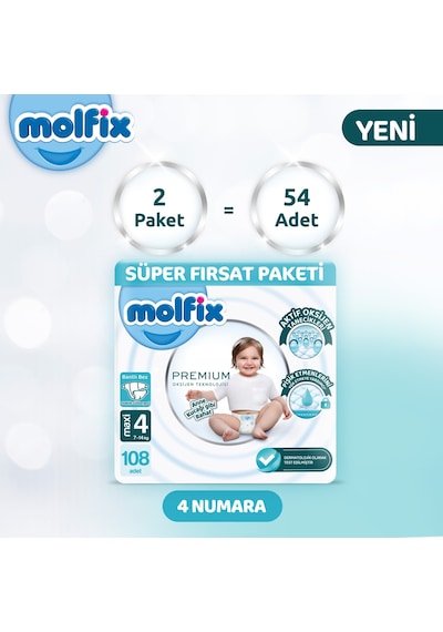 Molfix Premium Süper Fırsat Paketi 4 Beden 108 Adet 4 Numara 2'li