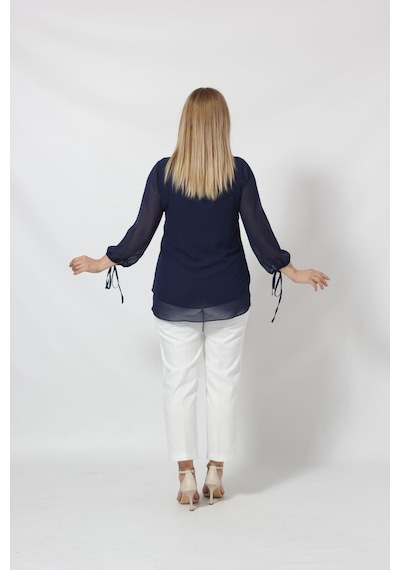 Moda Berray 3243-1 Lacivert Kol Ucu Bağlama Detaylı Bluz 001