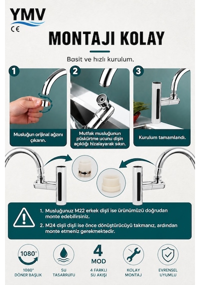Ymv 4 Modlu Şelale Musluk Başlığı Ayarlanabilir Mutfak Lavabo Batarya Ucu Aparatı 360 Ayarlanabilir Dönerli Musluk Başlığı