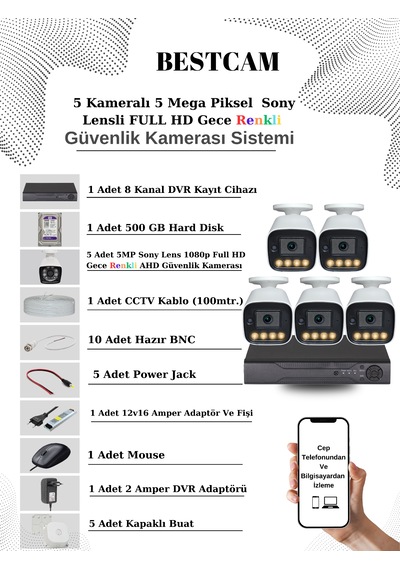 5 Kameralı Set 5 Mp Sony Lensli Full Hd Gece Renkli Set 500gb Hdd