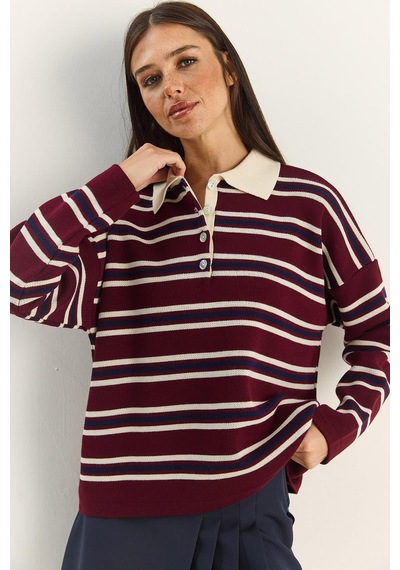 Shade Polo Yaka Çizgili Basic Triko Kazak 20258061 - Bordo