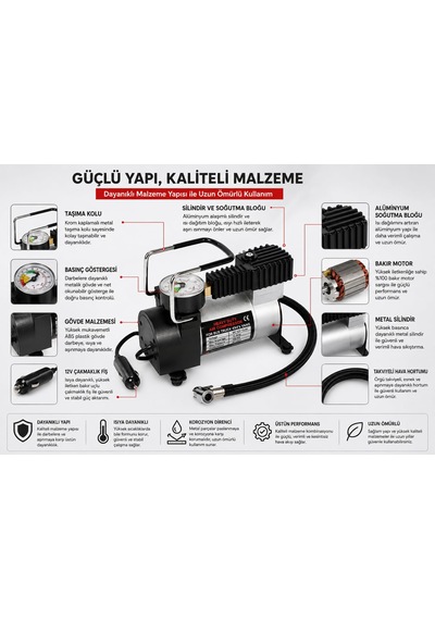 150 Psı 35 L/dk Oto Lastik Hava Kompresörü, 12v Taşınabilir Lastik Şişirme Pompası, Manometreli, Otomobil Motosiklet Bisiklet Ve Top