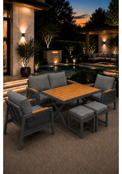 Garden Serisi Balkon Takımı, 2-1-1 Antrasit Bahçe Takımı, 2'li Koltuk 70x150, 2 Tekli Koltuk 70x70, Masa 70x110, 2 Puf Gri