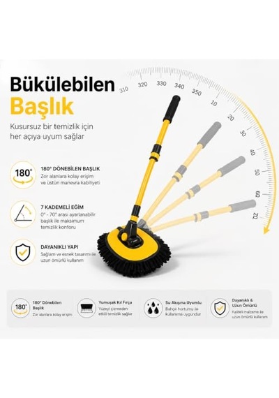 Krafz Oto Yıkama Mopu - Çift Kilit Sabitleme Sistemli Teleskopik Saplı,eğimli Başlık Ve Geniş Mikrofiber Yıkama Paspası, Çizmez Araç, Cam, Karavan Ve Tekne Temizleme Fırçası Lüx Mob