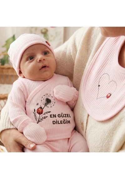 Lexroo %100 Pamuk Yenidoğan Bebek Hastane Çıkış Seti En Güzel Dileğim Yazılı Pembe 5'li Bebek Takımı