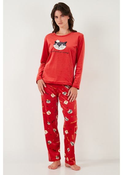 Lela Desenli Regular Fit Bisiklet Yaka Uzun Kollu Bayan Pijama Takımı 65713312 Kırmızı Lela Desenli Regular Fit Bisiklet Yaka Uzun Kollu Bayan Pijama Takımı 65713312 Kırmızı