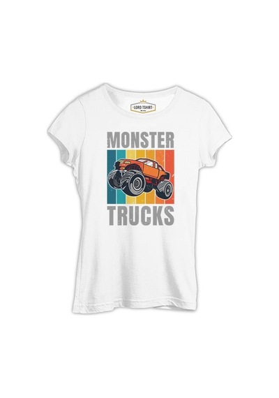 Monster Trucks Wit Retro Background Beyaz Kadın Tshirt 001