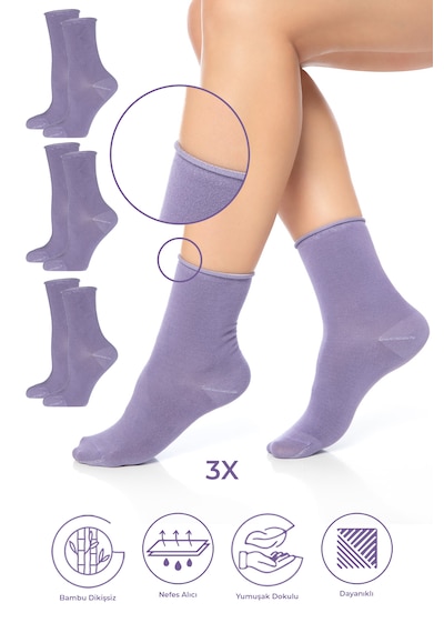 Saysez Bambu Kadın Lastiksiz Lila Soket Dikişsiz Premium Çorap 3'lü Pkt Lila - Mor