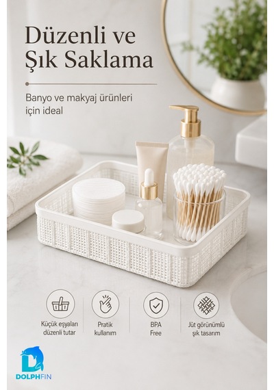 Jute Çok Amaçlı Sepet 2,5 L Mutfak Banyo Dolap İçi Saklama Organizeri 25x19x6,5 Cm beyaz