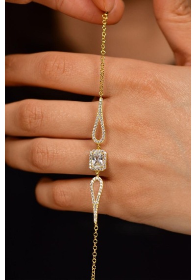 Roza Silver Zirkon Taşlı Gold Tektaş Baget Gümüş Bileklik