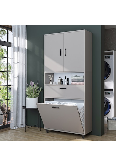 Çamaşır Sepetli Banyo Dolabı, Çok Amaçlı Çekmeceli Dolap 90 X 200 Cm Kumtaşı