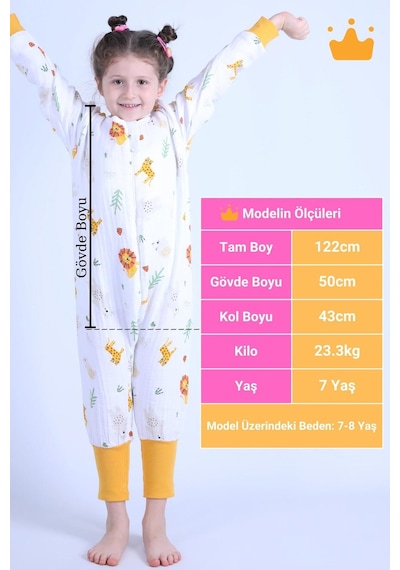 Babyhola Çocuk Mevsimlik Uyku Tulumu 2-8 Yaş 1 Tog 4 Kat Müslin Uzun Kollu Uyku Tulumu Altın