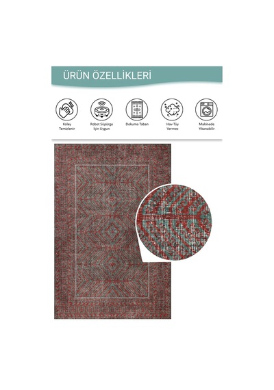 Artloop Relic Kırmızı / Turkuaz Vintage Dokulu Klasik Desenli Dokuma Tabanlı Şönil Halı Al 493 Kırmızı - Turkuaz