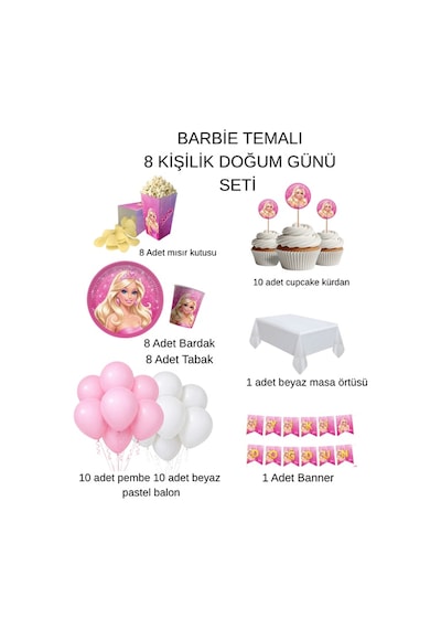Barbie Temalı 8 Kişilik Doum Günü Seti Pembe