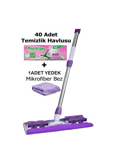 40 Adet Süper Islak Havlu Hediyeli Yer Cam Silme Mopu Mikrofiber Yedek Bezli Yer Duvar Fayans S Mor