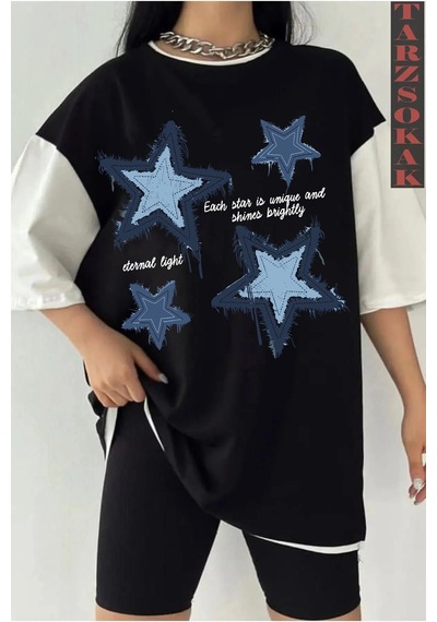 Tarzsokak Yıldız Desenli Siyah Oversize Çift Renk Siyah
