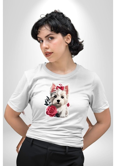 Beyaz Highland Teriyeri Kırmızı Gül Unisex Unisex Beyaz Organik Baskılı T-shirt Penye Yüksek Kalite Beyaz