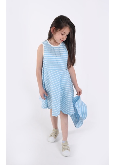 Aden Kids Kız Çocuk Çizgili Yazlık Elbise Ve Şapka Takımı - 2'li Set 4-12 Yaş Mavi