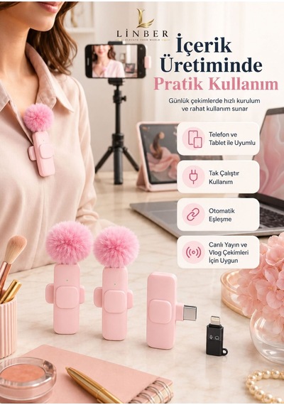 Kablosuz Tüylü Pembe Yaka Mikrofonu Type-c Ve İos Girişli 2 Li Set Bluetooth 5.0 Pembe Pembe