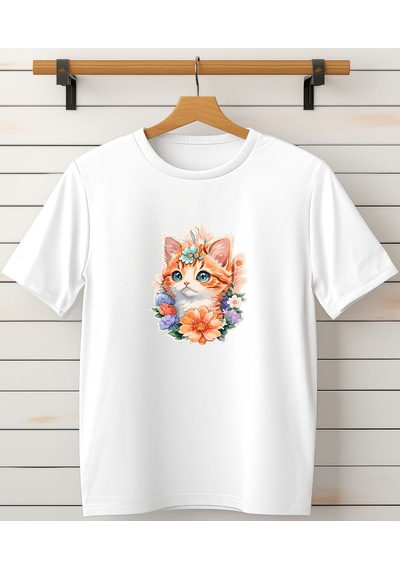 Unisex Sevimli Minik Kedi Baskılı T-shirt Beyaz