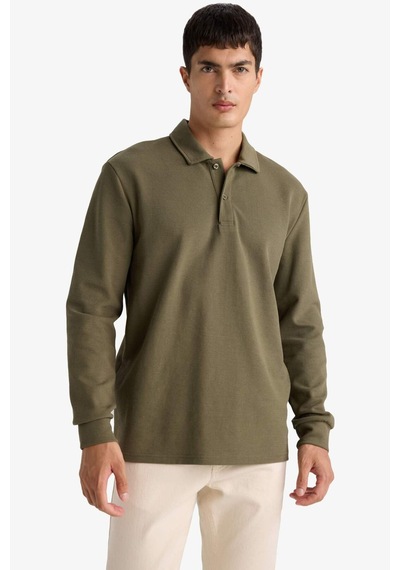 Defacto Regular Fit Polo Yaka Waffle Sweatshirt F0301ax25aukh82 Haki