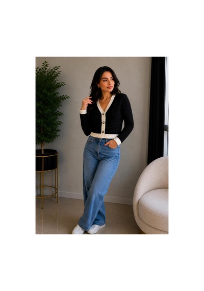 Hira Life Fashion Kadın V Yaka Düğmeli Şeritli Kısa Crop Ceket-hırka Siyah Siyah