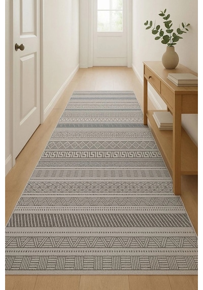 Gri Renk Etnik Desen Modern Halı Dekoratif Kilim