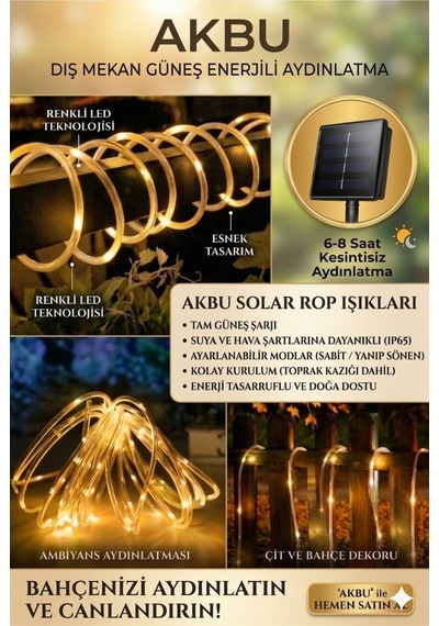 Solar Güneş Enerjili Hortum Kaplamalı Gün Işığı Led Işığı 10 Metre Sarı