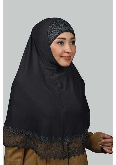 Altobeh İkili Set Dantelli Pratik Eşarp Hazır Hijab Ve Tesettür Bonesi Xl Füme