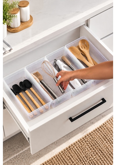 Porsima 0383 4'lü Modüler Çekmece İçi Organizer Seti 30x15 Cm Şeffaf Mutfak, Kaşıklık, Kozmetik Ve Ofis Düzenleyici