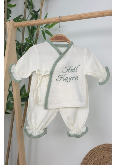 Gros Shop Müslin Yeni Doğan 4katlı Organik %100pamuk Kişiye Özgü Nakışlı Hastane Çıkış Seti Yeşil Biyeli-1 Ekru