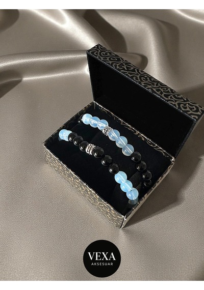 Yin Yang Temalı Oniks Ve Opal Çift Bileklik Seti Sevgili & Arkadaşlık Kombini Kutu Hediyeli Çok Renkli