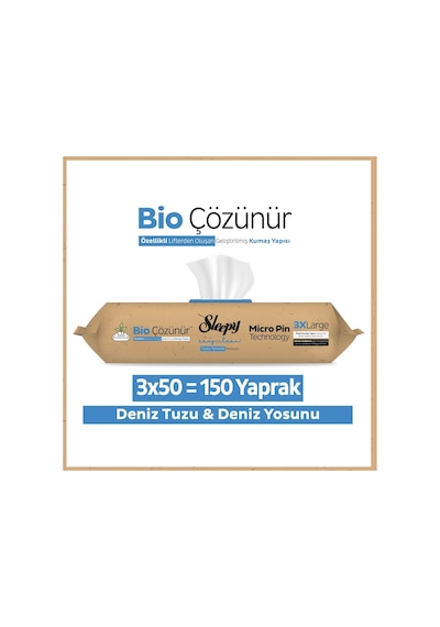 Sleepy Bio Çözünür Yüzey Temizlik Havlusu&Mendili Deniz Tuzu&Yosun 3x50 (150 Yaprak)