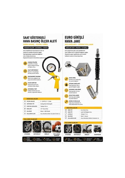 Saat Göstergeli Lastik Basınç Ölçer + Euro Girişli Hava Jakı Seti